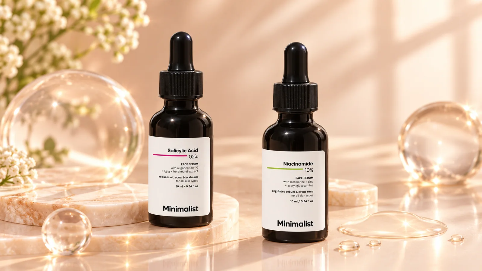 Minimalist 2% Salicylic Acid and 10% Niacinamide face serums on a glowing peach background, comparing skincare ingredients for oily, acne-prone skin.