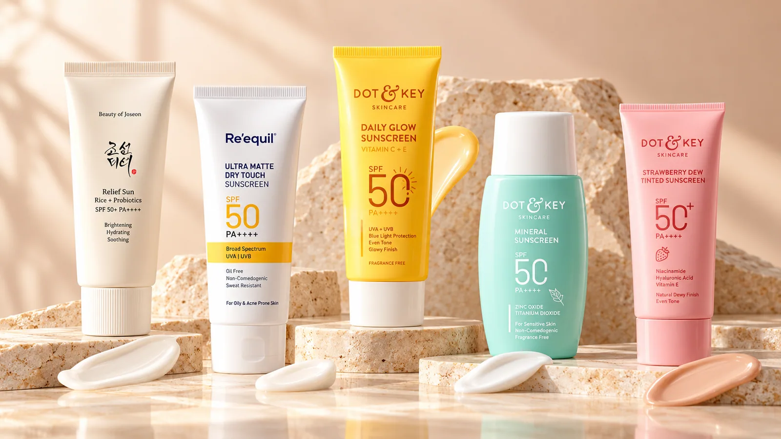 Collection of sunscreen creams, lotions and gels displayed on warm stone pedestals, illustrating Roopsee's guide to choosing sunscreen for different skin types in India.